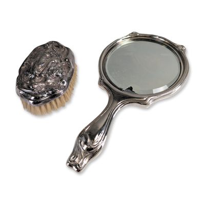 2pc Art Nouveau Style Silver Toned Vanity Set