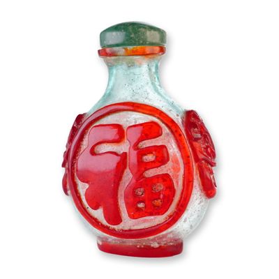 Peking Glass Overlay Snuff Bottle, Light Green with Red Character Panels