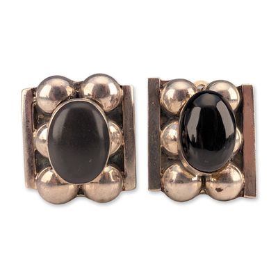 Pair of Taxco Sterling Silver and Black Onyx Clip Earrings