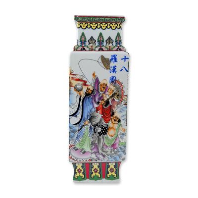 Chinese Polychrome Porcelain Eighteen Luohan Cong Vase
