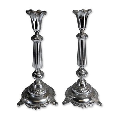2pc  Josef Fraget Company Poland Silver-Toned Sabbath Candlestick Holders