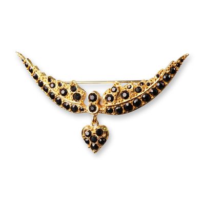 Sonia Rykiel Paris Gold-Tone and Black Rhinestone Winged Brooch with Heart Dangle