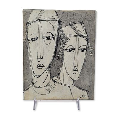 Moshe Katz American Modernist Ink on Canvas Two Faces