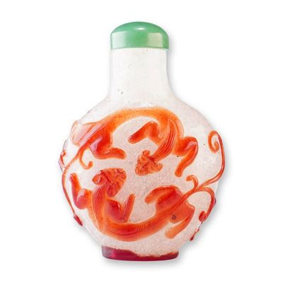 Peking Glass Snuff Bottle, Brown Overlay Qilin and Chilong