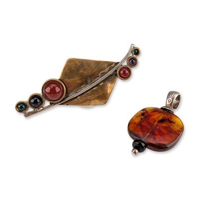 2pc Louis Booth Modernist Mixed-Metal Brooch and Sterling Silver Amber Pendant