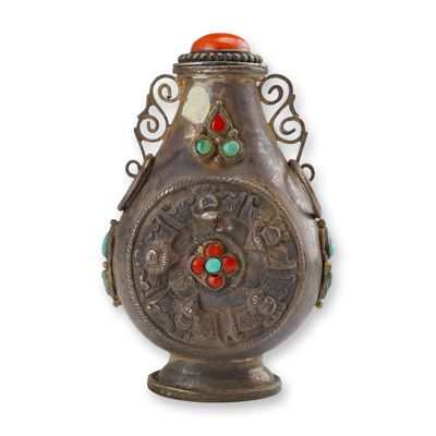 Mongolian Silver Repousse Snuff Bottle, Five Bats, Flower, Scrolling Form Handles