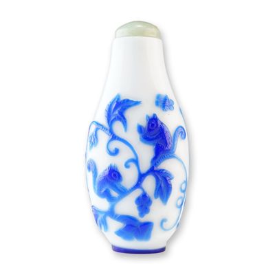 Peking Glass Snuff Bottle, Blue Overlay Squirrels and Grape Vines