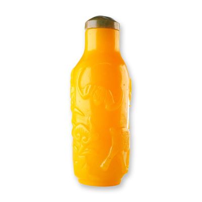 Peking Glass Snuff Bottle, Yellow with Scholar, Deer, Bat, and Lingzhi
