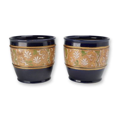 Pair of Doulton Slaters Patent Stoneware Cobalt and Gilt Vases