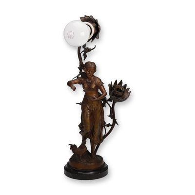 Figural Bronze-Tone Table Lamp with Floral Sockets on Marble Base