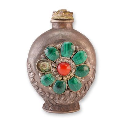 Mongolian Silver Repousse Snuff Bottle, Flower, Dragon Bird in Waves