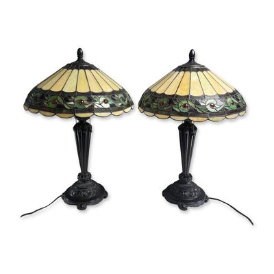 Pair of Art Nouveau Style Stained Glass Table Lamps