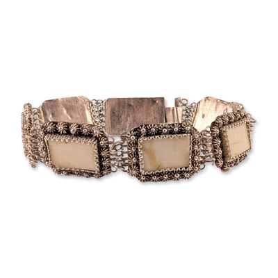 Vintage Asian Style 970 Silver Filigree and Bone Panel Bracelet