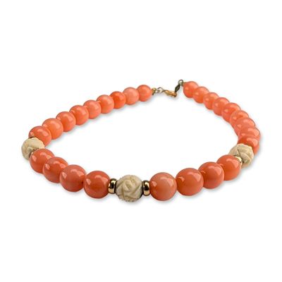 14K Gold Salmon Coral and Carved Bead Bracelet