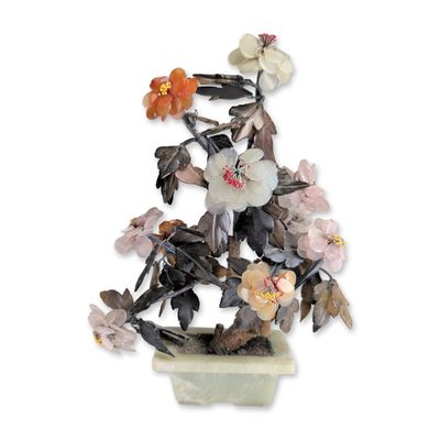 Chinese Hardstone Flowering Bonsai Tree Sculpture