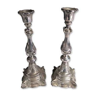 2pc Rococo Revival Style Silver-Toned Candlesticks