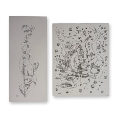 2pc Alfonso Rendon aka Masplata (Panamanian, 1957 - 2025), Pen Sketch on Board, Angels & Forms