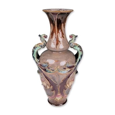 Sale Photo Thumbnail #397: Doulton Lambeth by Francis Pope Art Nouveau Stoneware Dragon Handle Vase