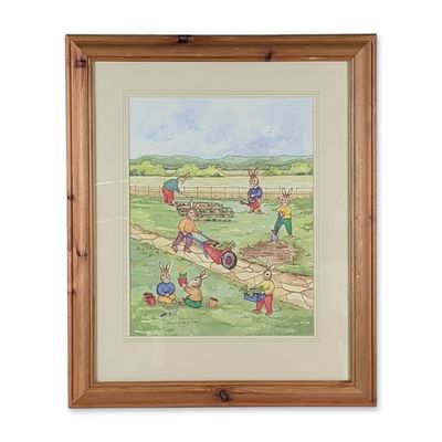 Denise Andrews 1994 Framed Original Watercolor Bunnykins Painting, Gardening