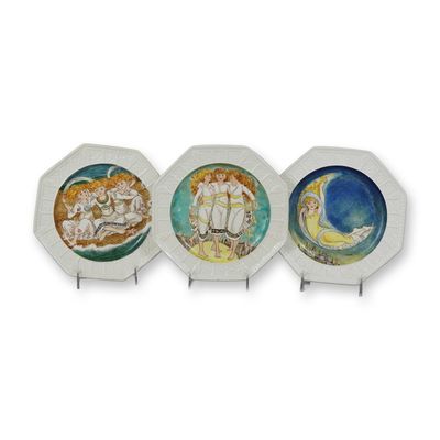 Sale Photo Thumbnail #115: Trio of Wedgwood Aesthetic Movement Octagonal Earthenware Plates Decorated at Mortlock's Art-Pottery