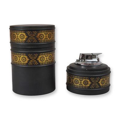 Sale Photo Thumbnail #134: A Two-Piece Wedgwood Black Basalt and Gilt Stacking Smokers Set
