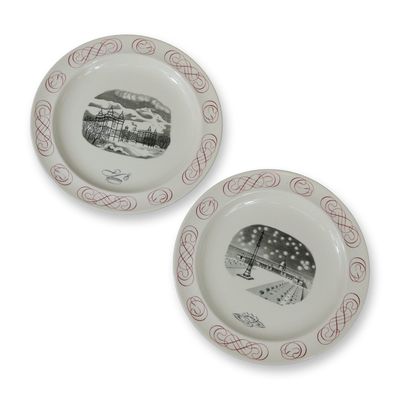 Sale Photo Thumbnail #312: A Pair of Wedgwood Outlines of Grandeur Sample Queen's Ware Plates Designed by Laurence Whistler