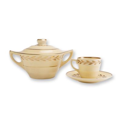 Sale Photo Thumbnail #310: 3-Piece Keith Murray for Wedgwood Matt Straw Cup, Saucer and Lidded Sugar Bowl