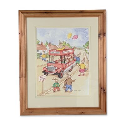 Denise Andrews 1994 Framed Original Watercolor Bunnykins Painting, The Bus Stop