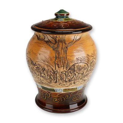 Doulton Lambeth by Hannah Barlow and Frank Butler Stoneware Lidded Jar, Pastoral Pigs