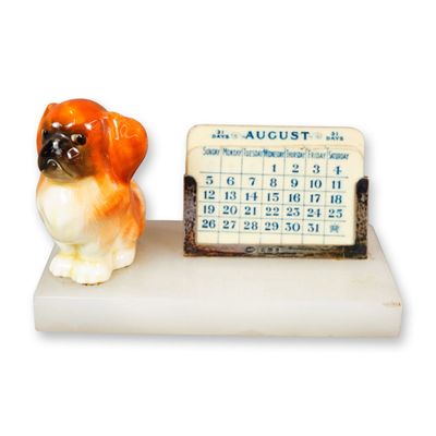 Sale Photo Thumbnail #230: Royal Doulton Porcelain and Sterling Silver Onyx Desk Calendar, Pekinese Puppy Seated HN832