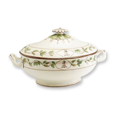 Sale Photo Thumbnail #121: Wedgwood Antique Creamware Lidded Tureen with Hand-Painted Botanical and Figurative Decoration