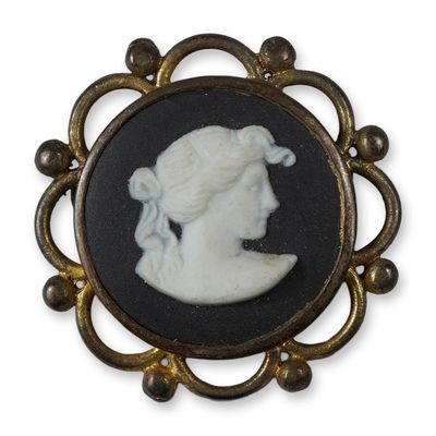 Sale Photo Thumbnail #332: Wedgwood Black Jasperware and Gold Plated Sterling Silver Cameo Brooch