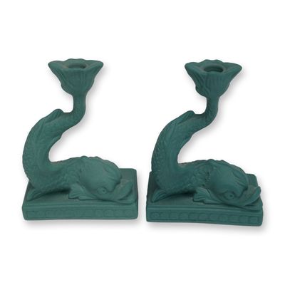 Sale Photo Thumbnail #247: Pair of Wedgwood Sage Green Jasperware Dolphin Candle Holders