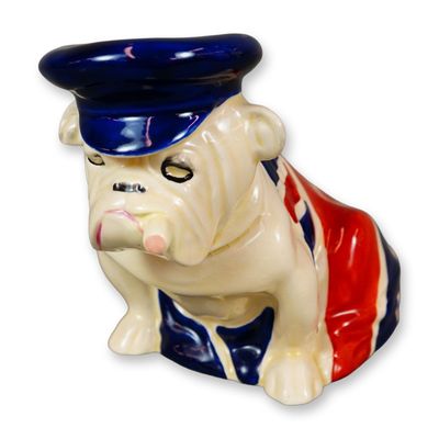 Sale Photo Thumbnail #291: Royal Doulton Porcelain Medium Figurine, Bulldog Draped in Union Jack with Trinity Cap D6182