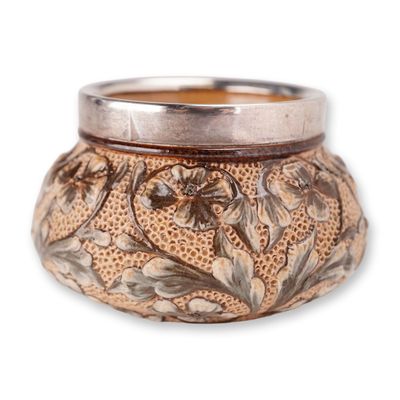 Doulton Lambeth Mary Barrett Stoneware and Silver-Plated Rim Floral Motif Open Salt