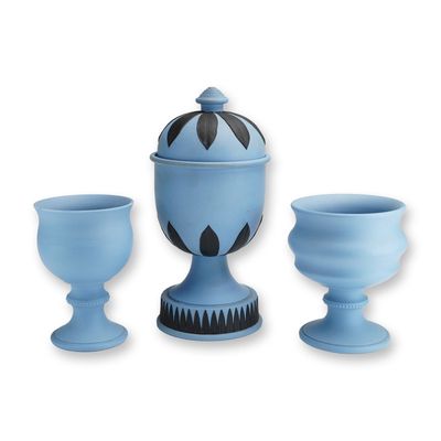Sale Photo Thumbnail #146: Three Wedgwood England Blue Jasperware Lidded Urn and Coupes