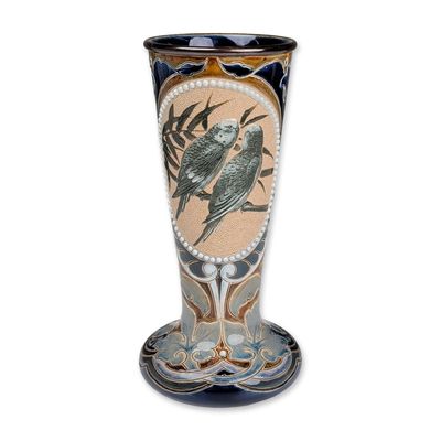 Doulton Lambeth by Florence Barlow and Emily Stomer Stoneware Vase, Budgerigar