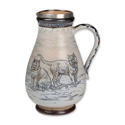 Sale Photo Thumbnail #389: Doulton Lambeth by Hannah Barlow Stoneware and Sterling Silver Rim Cat Motif Pitcher