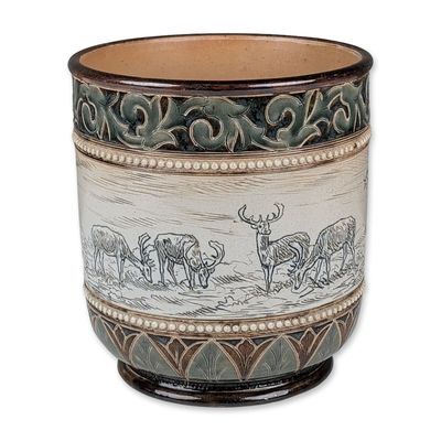 Sale Photo Thumbnail #388: Doulton Lambeth by Hannah Barlow and Lucy Barlow Stoneware Deer and Horse Vase