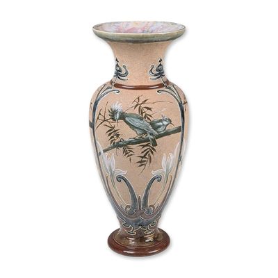 Sale Photo Thumbnail #390: Royal Doulton by Florence Barlow Stoneware Pate-Sur-Pate Bird Motif Large Vase