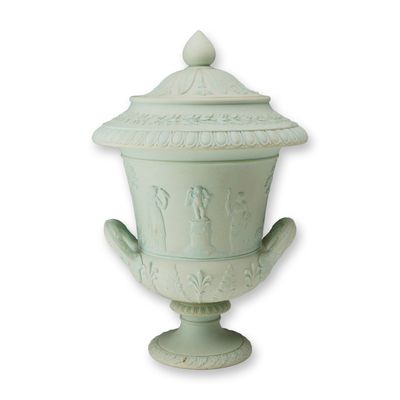 Sale Photo Thumbnail #151: Wedgwood Pale Green Jasperware Lidded Campagna Urn
