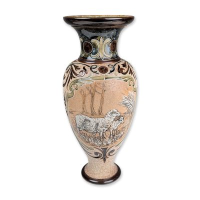 Sale Photo Thumbnail #387: Doulton Lambeth by Hannah Barlow and Florence Barlow Stoneware Geese and Sheep Motif Vase