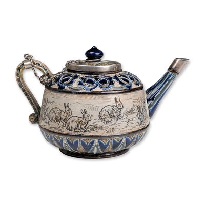 Doulton Lambeth by Hannah Barlow Stoneware and Sterling Silver Mounted Rabbit Motif Teapot