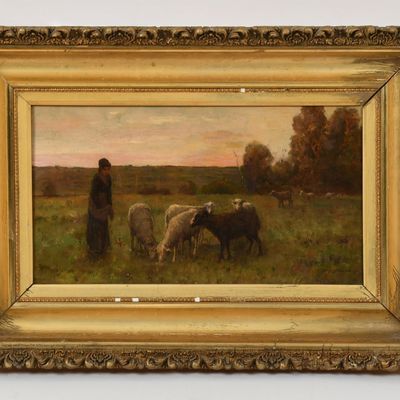 Sale Photo Thumbnail #260: French School (19th Century), Pastoral Scene with Shepherdess and Her Flock