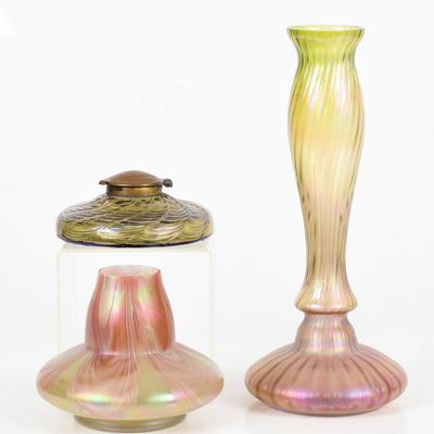Sale Photo Thumbnail #107: A Group of Three Bohemian Iridescent Glass Vases, Early 20th Century
