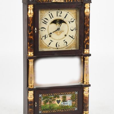 Sale Photo Thumbnail #365: A Classical Parcel-Gilt and Paint Decorated Shelf Clock, Atkins & Downs, Bristol, Connecticut, c.
