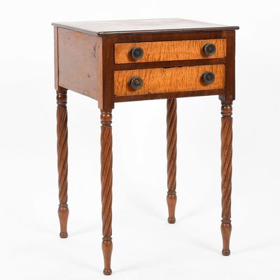 Sale Photo Thumbnail #348: A Late Federal Mahogany and Maple Two-Drawer Stand, New England, c. 1820-1830