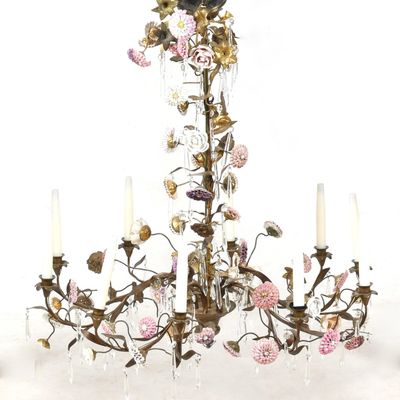 Sale Photo Thumbnail #156: A Gilt-Bronze and Porcelain Flower Ten-Light Chandelier, Late 19th/ Early 20th Century