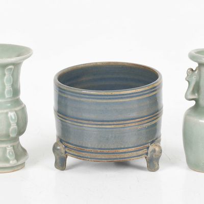 Sale Photo Thumbnail #171: Two Miniature Chinese Celadon Vases and a Tripod Incense Burner