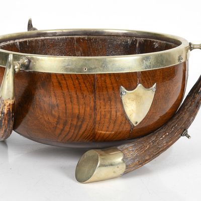 Sale Photo Thumbnail #400: An Edwardian Silver Plate-Mounted Oak and Horn Bowl, Early 20th Century